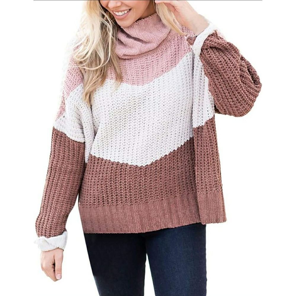 POL High Up in the Sky Knit Sweater Color Block Ivory Pink Brown Size Medium - Picture 2 of 11